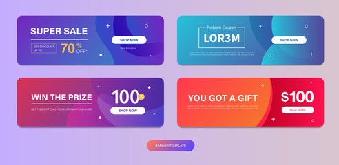 Dynamic modern fluid mobile for Voucher Sale template. Get Coupon Discount Sale banner template design. Free gift card set. Fancy colors and cool illustration shapes.