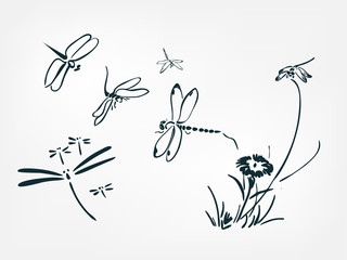 set collection japanese chinese oriental vector ink style design elements illustration