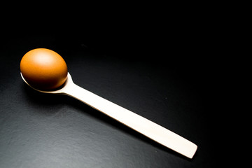 Chicken egg on a wooden spoon