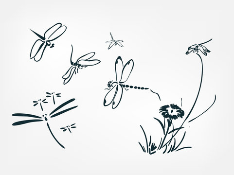 set collection japanese chinese oriental vector ink style design elements illustration