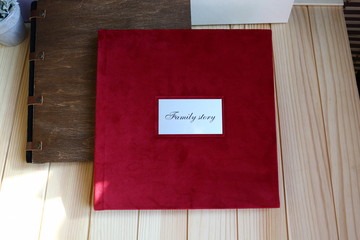 album and photo book  velor material for sale, red colors,, leatherette, close-up