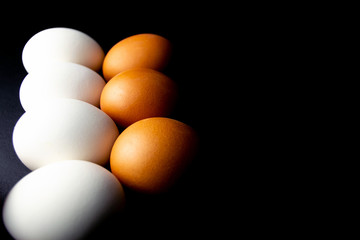 Chicken eggs, white and yellow on a black background