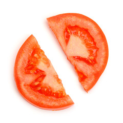 Two halves of a tomato slice on white background