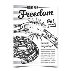 Fight For Freedom Broken Chain On Poster Vector. Metal Material Swirled And Breakdown Chain On Creative Advertising Banner. Template Monochrome Illustration