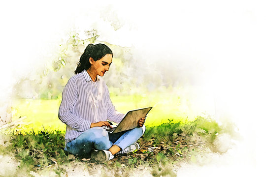 Abstract colorful young creative woman smile portrait and looking laptop for working out offices in the public park on watercolor illustration painting background.