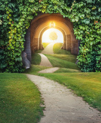 Fairy magic enchanted landscape with road and Mysterious gate entrance