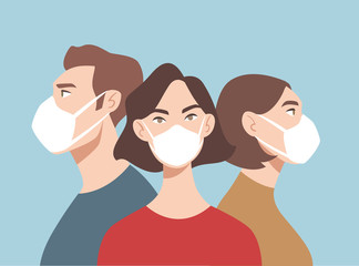 Doctors in white medical face mask. People in respirator. Concept of coronavirus quarantine. Stop COVID-19
