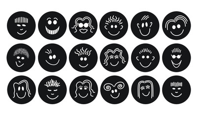 Faces, white lines on black circle backgrounds, set