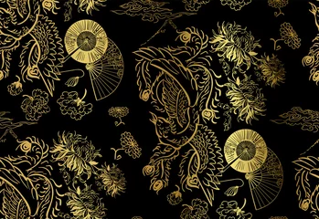 Printed roller blinds Gold abstract geometric phoenix wallpaper vertical ornate oriental japanese chinese vector design seamless pattern
