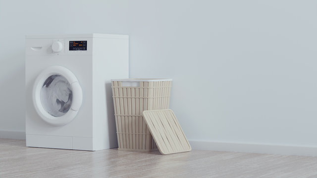 Modern washing machine, laundry in baskets and domestic emty room interior. Blue wall.