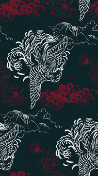 phoenix wallpaper vertical ornate oriental japanese chinese vector design seamless pattern