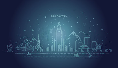 Reykjavik Iceland line skyline with panorama in white background - obrazy, fototapety, plakaty