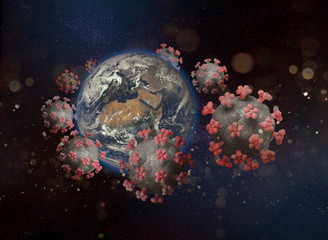 Corona viruses travelling around the planet Earth horizontal