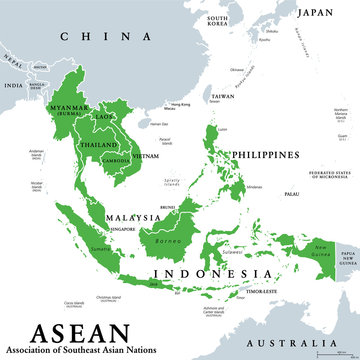 ASEAN member states, political map. Association of Southeast Asian Nations, a regional intergovernmental organization with 10 member countries, shown in the map in green color. Illustration. Vector.