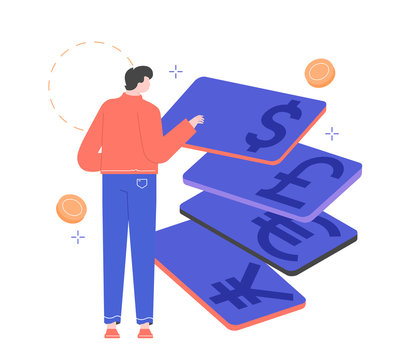 Man character and cards with different currencies, euro, dollar, pound, yuan. Bank deposits, finance, savings. Economics and currency exchange. Vector flat illustration.