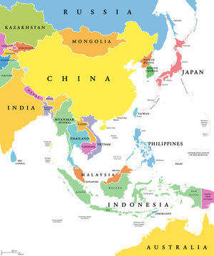 East Asia, single states, political map. All countries in different colors, with national borders, labeled with English country names. Eastern subregion of the Asian continent. Illustration. Vector.