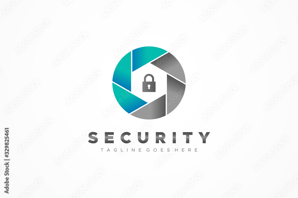 Aufkleber security logo. shield camera with padlock icon inside. flat vector logo design template element.