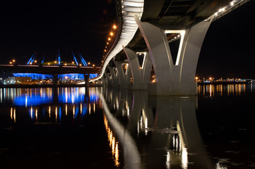 bridge with lights at night Finnish bay