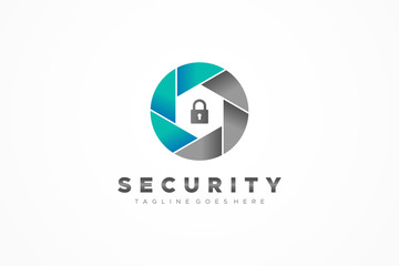 Security Logo. Shield Camera with Padlock Icon Inside. Flat Vector Logo Design Template Element.