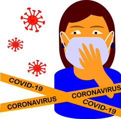 The vector shows young girl wearing medical face mask holding hands near her face because of coronavirus 