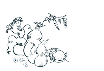 gourd pumpkin bottle set collection japanese chinese oriental vector ink style design elements illustration