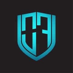 OF Logo monogram with emblem shield design isolated with blue colors on black background