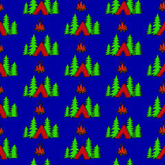 Obraz premium Hiking and Camping Seamless Pattern in Line Style. Outdoor Camp Adventure Theme. Vector illustration. Background. Hiking Print