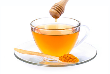 urmeric tea with tumeric powder isolated on white background . 