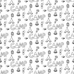 Hiking and Camping Seamless Pattern in Line Style. Outdoor Camp Adventure Theme. Vector illustration. Background. Hiking Print