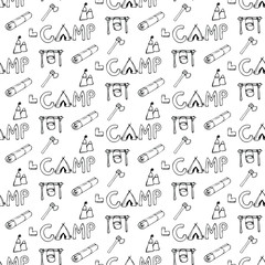 Fototapeta premium Hiking and Camping Seamless Pattern in Line Style. Outdoor Camp Adventure Theme. Vector illustration. Background. Hiking Print
