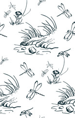 drafonfly river japanese chinese oriental vector ink style design elements illustration