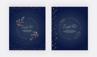 Gold confetti on the dark blue background with botanical lines frame. Modern vector design for wedding invitation, greeting, banner, flyer, poster, save the date