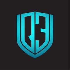 QE Logo monogram with emblem shield design isolated with blue colors on black background
