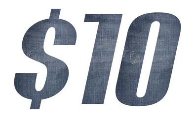 10 Dollar with jeans fabric texture on white background.