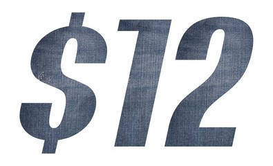 12 Dollar with jeans fabric texture on white background.