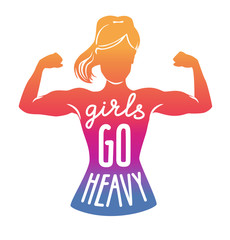Girls go heavy. Fitness vector illustration with lettering for women. Hand written inspiring phrase in female silhouette with a colourful gradient. Motivational card, poster or print design on fitness