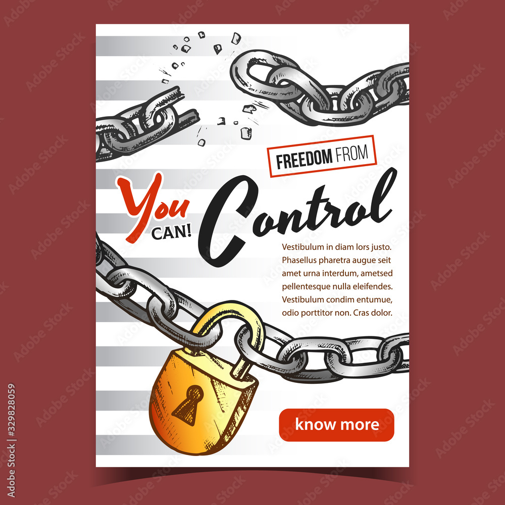 Sticker Freedom From Control Advertising Poster Vector. Freedom Symbol Broken And Demolition Metallic Chain And With Brass Padlock. Disruption Strong Steel Template Hand Drawn In Vintage Style Illustration