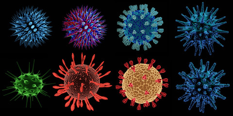 Covid-19 Concept. Set of Abstract bacteria or virus cell in spherical shape with long antennas. Coronavirus from  Wuhan, China crisis concept. New official name for Coronavirus disease named COVID-19 