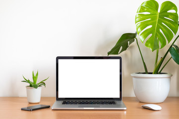 Blank screen of Laptop computer with smart phone, mouse hahnii plant pot and monstera plant pot on wooden table, White background