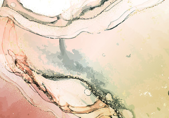 Fototapeta premium Acrylic fluid art yellow watercolor swirl with gold marble foil. Marble oriental alcohol ink designgolden paint. Floating color spalsh cloud ink. Modern wallpaper. Vector