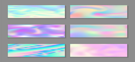 Fototapeta premium Holographic surreal flyer horizontal fluid gradient mermaid backgrounds vector set. Opalescence 