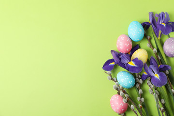 Iris flowers, pussy willow branches and Easter eggs on green background, top view