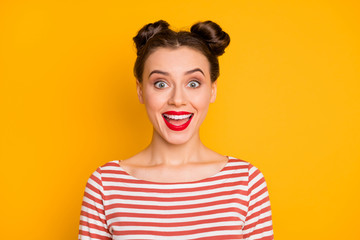 Close-up portrait of her she nice-looking attractive lovely charming glamorous glad cheerful cheery girl got good news isolated over bright vivid shine vibrant yellow color background