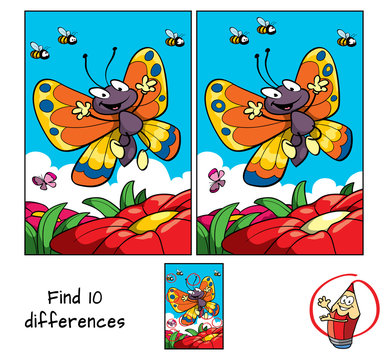 Happy butterfly flying. Find 10 differences. Educational game for children. Cartoon vector illustration