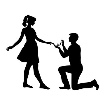 Man standing on one knee and holding engagement ring making proposal to pretty woman. Black silhouettes isolated on a white background. Couple of happy young people. Stock vector illustration