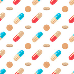 Seamless pattern with red and blue capsule pills and tablets isolated on white background. Medical and health care design concept in flat style. Graphic cartoon background. Stock vector illustration