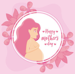 happy mothers day design with decorative circular frame with pregnant woman and flowers