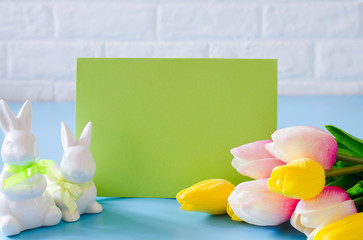 Happy Easter. Empty copyspace easter card. Easter background with decorative white rabbits.