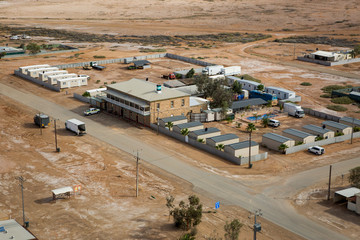 Marre, Australia, The Marree hotel pub aerial view in the middle of the aussie outback desert, Australia