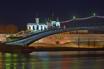 Veliky Novgorod. Night view of St. Sophia Cathedral and the belfry of the Novgorod Kremlin